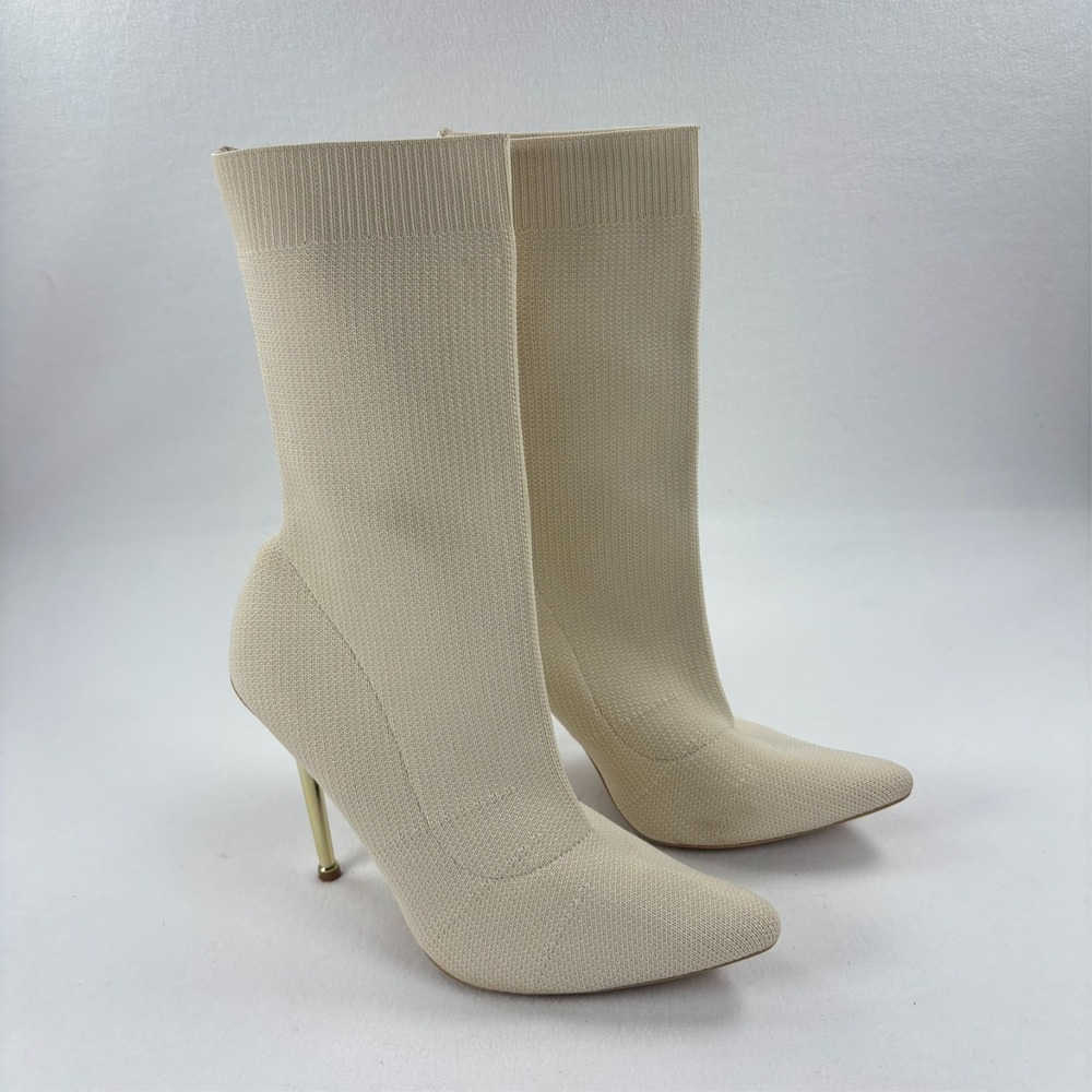 Knit Pointed Toe Sock Booties Stiletto Ivory Cream 4.5" High Heels Size 8.5 - Picture 3 of 14